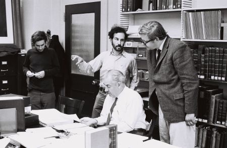 Victor Fischer, Buddy Stein, Paul  Baender, and (seated) Claude Simpson, inspector for the CEAA, August 1968 in the Mark Twain Papers, Berkeley.
